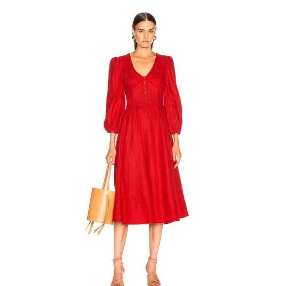 Staud Birdie Midi D Dress Red Linen Puff Sleeve Full Skirt bodice Button Front 6 - Picture 2 of 8